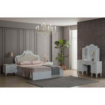 Dormitor Akasya, alb/crem, mdf/pal, pat 180×200, dulap cu 6 usi, 2 comode, 2 noptiere - Img 2