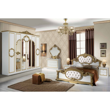 Dormitor Barocco Bianco, alb/auriu, pat 160x200 cm, dulap cu 6 usi, comoda, 2 noptiere - Img 2