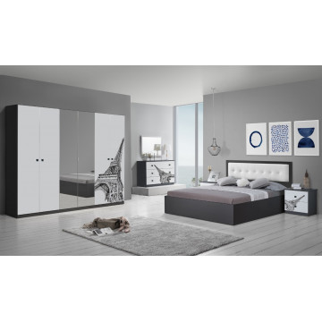 Dormitor Eiffel, alb/negru, pat 160x200, comoda, dulap, noptiere - Img 1