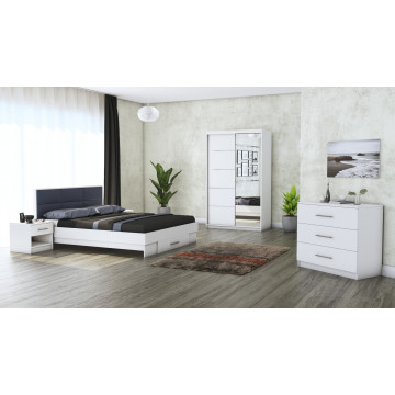 Dormitor Solano, alb, dulap 120 cm, pat cu tablie tapitata gri 160×200 cm, 2 noptiere, comoda - Img 1