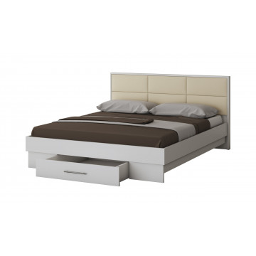 Dormitor Solano, alb, dulap 150 cm, pat cu tablie tapitata crem 140x200 cm, 2 noptiere, comoda - Img 3