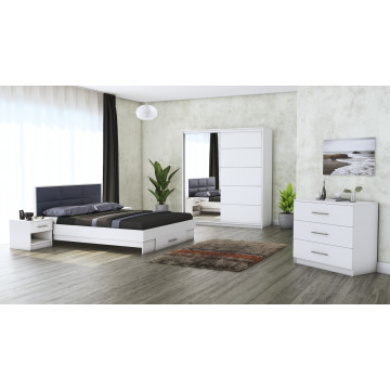 Dormitor Solano, alb, dulap 183 cm, pat cu tablie tapitata gri 160×200 cm, 2 noptiere, comoda - Img 1