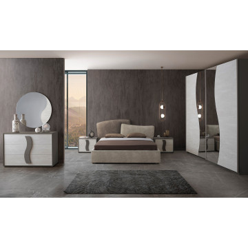 Dormitor Twin, alb/gri, pat 160x200 cm, dulap cu 2 usi culisante, 2 noptiere, comoda - Img 1