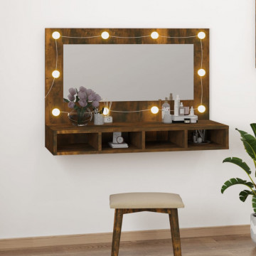 Dulap cu oglindă și LED, stejar fumuriu, 90x31,5x62 cm - Img 1