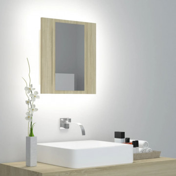 Dulap de baie cu oglindă și LED, stejar Sonoma, 40x12x45 acril - Img 1