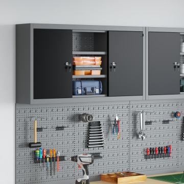 Dulap de unelte montat pe perete cu panou cu cârlige Negru 100x20x55 cm Oțel - Img 1