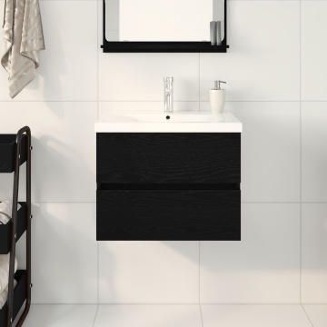 Dulap pentru chiuvetă cu chiuvetă încorporată din lemn ingineresc de stejar negru, Dulap pentru chiuvetă din stejar negru 60x38,5x45 cm lemn ingineresc - Img 4