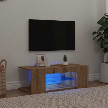 Dulap TV cu LED stejar artizanal 90x39x30 cm lemn prelucrat - Img 1