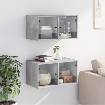 Dulapuri de perete cu uși sticlă 2 buc. gri beton 68,5x37x35 cm - Img 3
