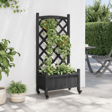 Jardinieră cu spalier și roți, negru, lemn masiv de brad - Img 3