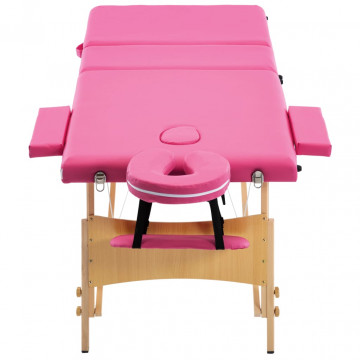 Masă de masaj pliabilă, 3 zone, roz, lemn - Img 4
