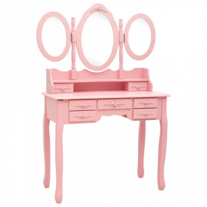 Masă de toaletă cu taburet și triptic oglinzi, roz - Img 3