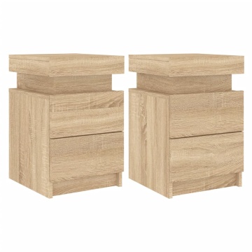 Noptiere cu lumini LED, 2 buc., stejar sonoma, 35x39x55 cm - Img 2
