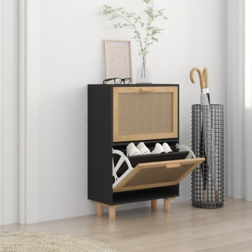 Pantofar, negru, 52x25x80 cm, lemn prelucrat și ratan natural - Img 1