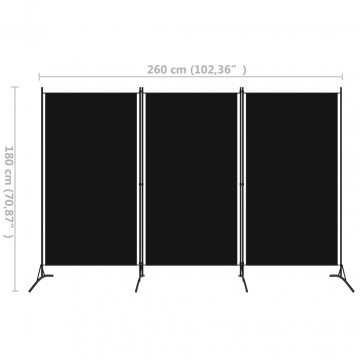 Paravan de cameră cu 3 panouri, negru, 260 x 180 cm, textil - Img 4