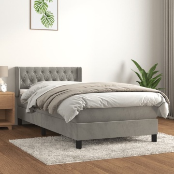 Pat box spring cu saltea, gri deschis, 100x200 cm, catifea - Img 1