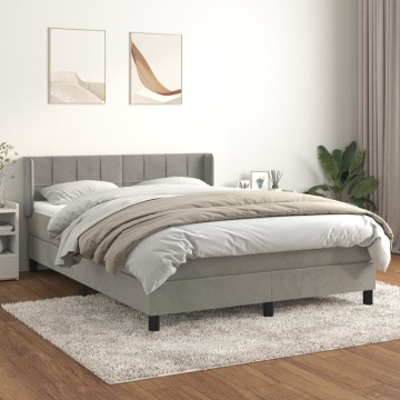 Pat box spring cu saltea, gri deschis, 140x190 cm, catifea - Img 1