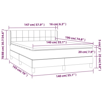 Pat box spring cu saltea, gri deschis, 140x190 cm, catifea - Img 6