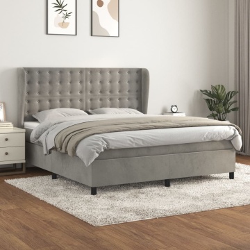 Pat box spring cu saltea, gri deschis, 180x200 cm, catifea - Img 1