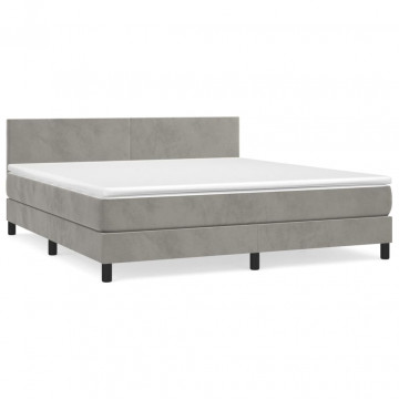 Pat box spring cu saltea, gri deschis, 180x200 cm, catifea - Img 2
