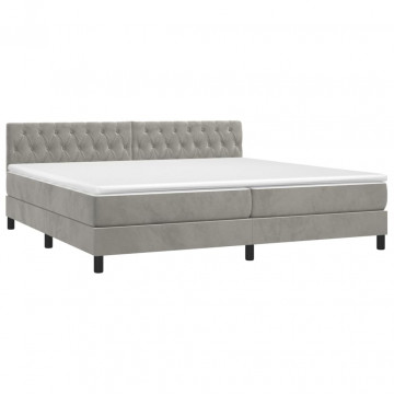 Pat box spring cu saltea, gri deschis, 200x200 cm, catifea - Img 3