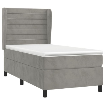 Pat box spring cu saltea, gri deschis, 90x190 cm, catifea - Img 3