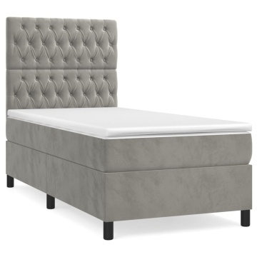 Pat box spring cu saltea, gri deschis, 90x190 cm, catifea - Img 2