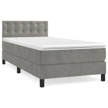 Pat box spring cu saltea, gri deschis, 90x190 cm, catifea - Img 3