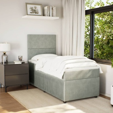 Pat box spring cu saltea, gri deschis, 90x190 cm, catifea - Img 3