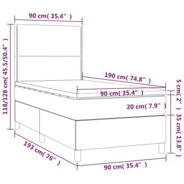 Pat box spring cu saltea, gri deschis, 90x190 cm, catifea - Img 5