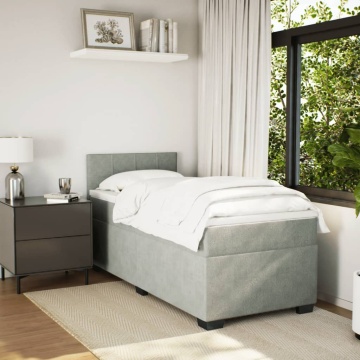 Pat box spring cu saltea, gri deschis, 90x190 cm, catifea - Img 3