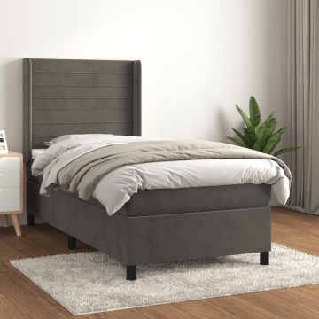 Pat box spring cu saltea, gri închis, 100x200 cm, catifea - Img 1