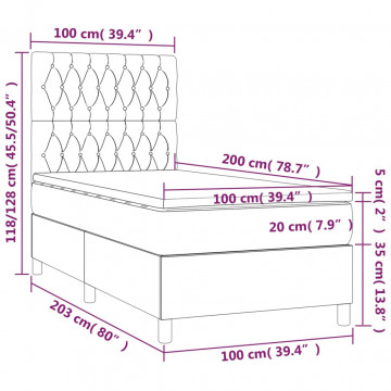 Pat box spring cu saltea, gri închis, 100x200 cm, catifea - Img 5