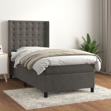 Pat box spring cu saltea, gri închis, 90x200 cm, catifea - Img 1