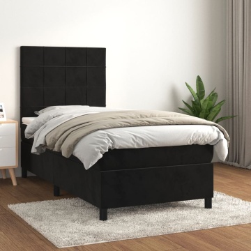 Pat box spring cu saltea, negru, 90x200 cm, catifea - Img 1