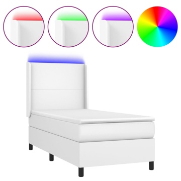 Pat continental cu saltea & LED, alb, 90x200 cm, piele eco - Img 2