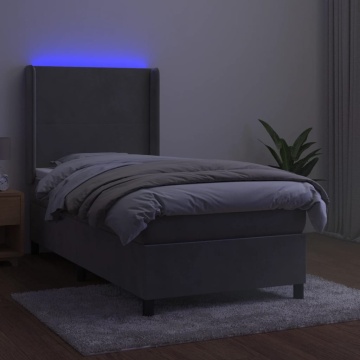 Pat continental cu saltea & LED, gri deschis, 80x200 cm catifea - Img 3