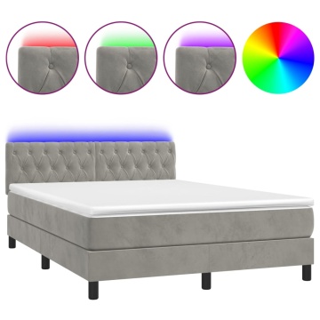 Pat continental cu saltea și LED gri deschis 140x190 cm catifea - Img 2