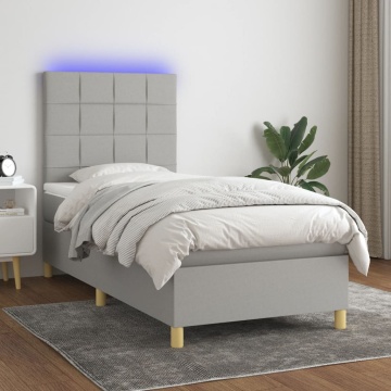 Pat cu arcuri, saltea și LED, gri deschis, 100x200 cm, textil - Img 1