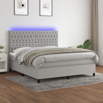 Pat cu arcuri, saltea și LED, gri deschis, 180x200 cm, textil - Img 1