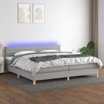 Pat cu arcuri, saltea și LED, gri deschis, 200x200 cm, textil - Img 1