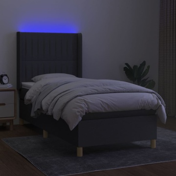 Pat cu arcuri, saltea și LED, gri închis, 100x200 cm, textil - Img 3