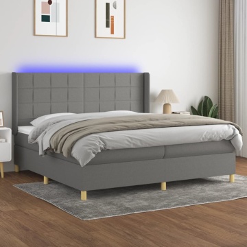 Pat cu arcuri, saltea și LED, gri închis, 200x200 cm, textil - Img 1