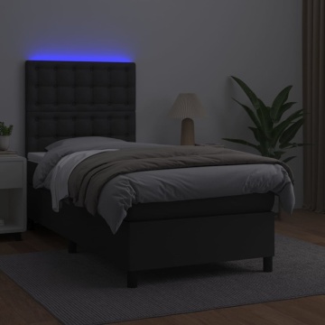 Pat cu arcuri, saltea și LED, negru, 100x200cm, piele ecologică - Img 4