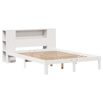 Pat cu bibliotecă fără saltea, alb, 140x190 cm, lemn masiv pin - Img 3
