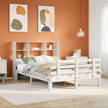 Pat cu bibliotecă fără saltea, alb, 140x190 cm, lemn masiv pin - Img 1