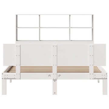 Pat cu bibliotecă fără saltea, alb, 140x190 cm, lemn masiv pin - Img 4