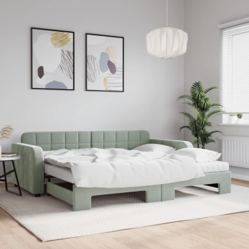 Pat de zi cu extensie și saltele, gri deschis 90x200 cm catifea - Img 1