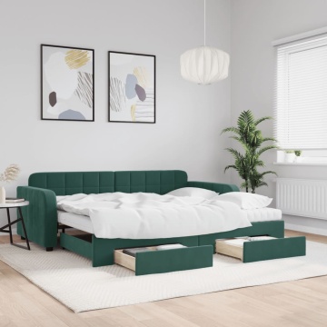 Pat de zi cu extensie și sertare verde închis 90x200 cm catifea - Img 1