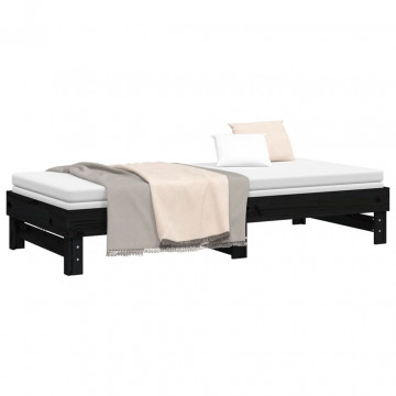 Pat de zi extensibil, negru, 2x(90x200) cm, lemn masiv de pin - Img 5